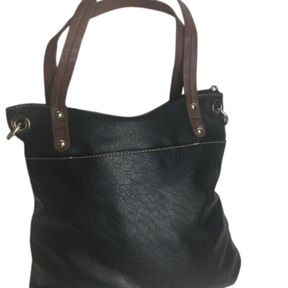 Relic Black Faux Leather Bag Purse Brown Strap Quilted Front Pockets Zip Closure - Picture 2 of 7